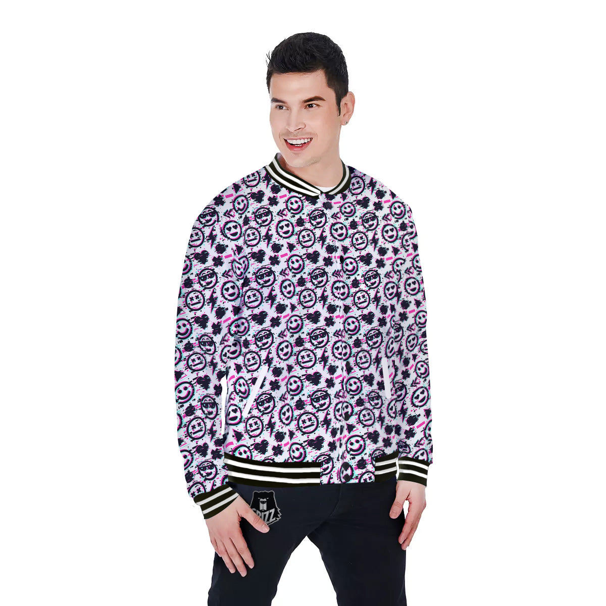 Emoji Glitch Neon Print Pattern Baseball Jacket-grizzshop