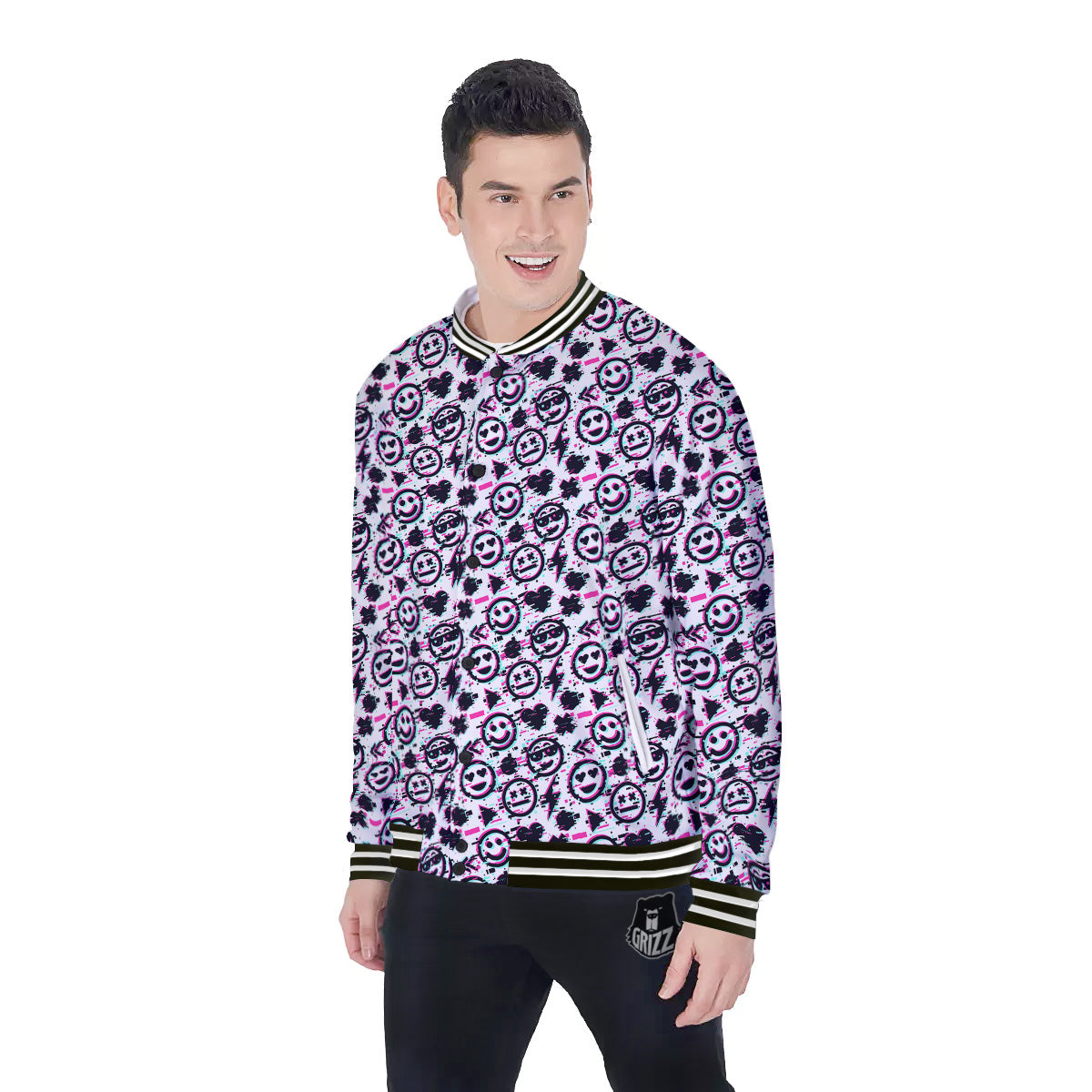 Emoji Glitch Neon Print Pattern Baseball Jacket-grizzshop