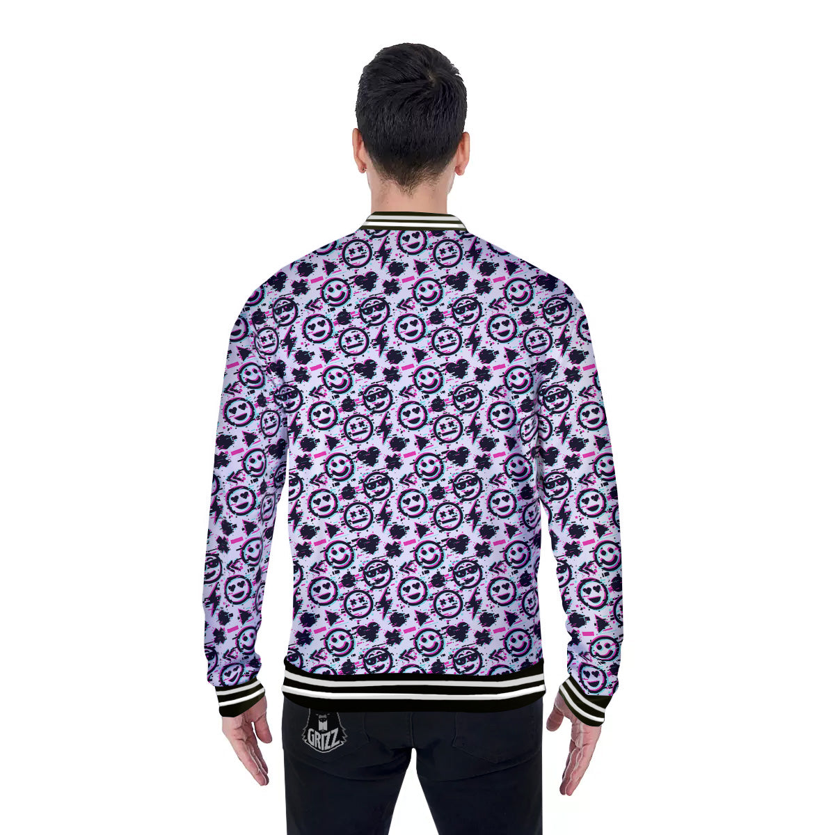 Emoji Glitch Neon Print Pattern Baseball Jacket-grizzshop