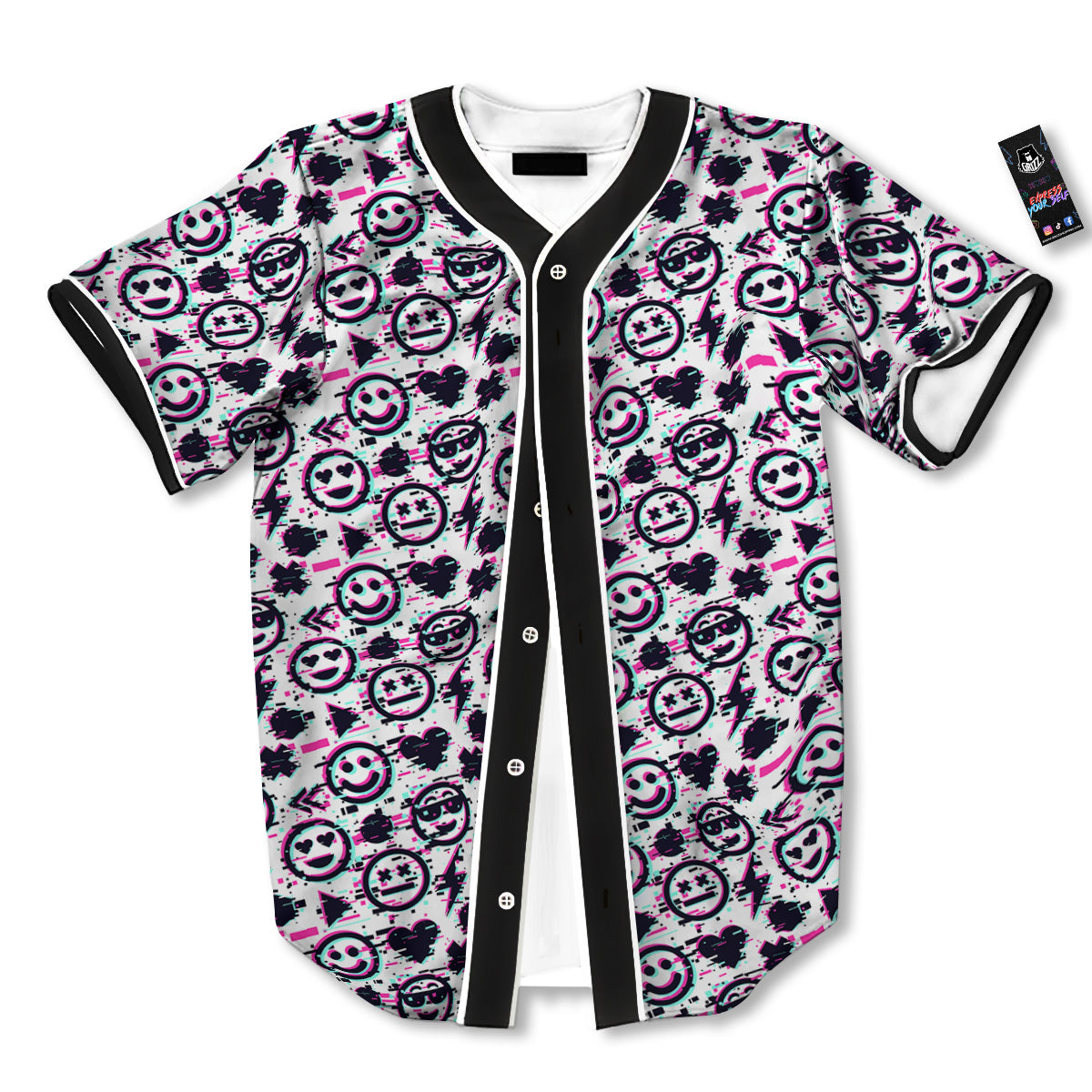 Emoji Glitch Neon Print Pattern Baseball Jersey-grizzshop