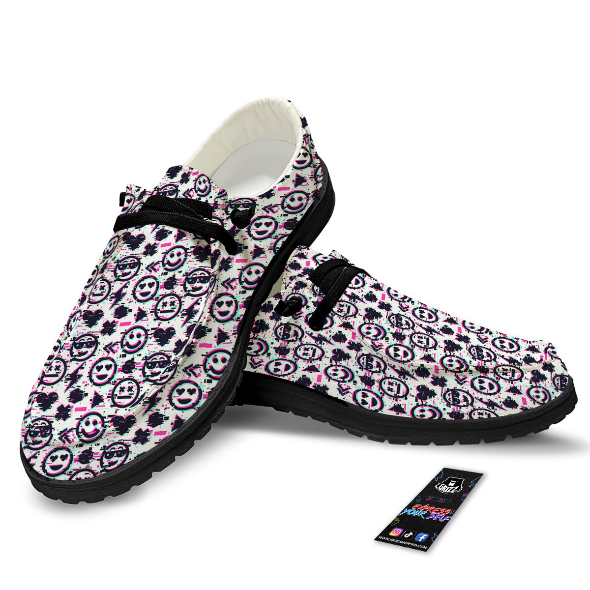 Emoji Glitch Neon Print Pattern Black Loafers-grizzshop
