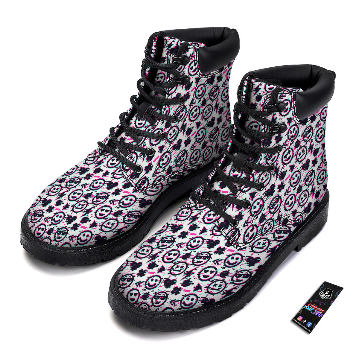 Emoji Glitch Neon Print Pattern Boots-grizzshop