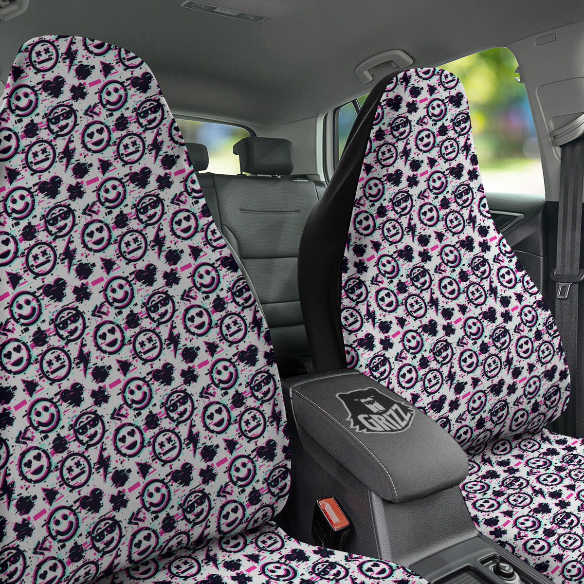 Emoji Glitch Neon Print Pattern Car Seat Covers-grizzshop