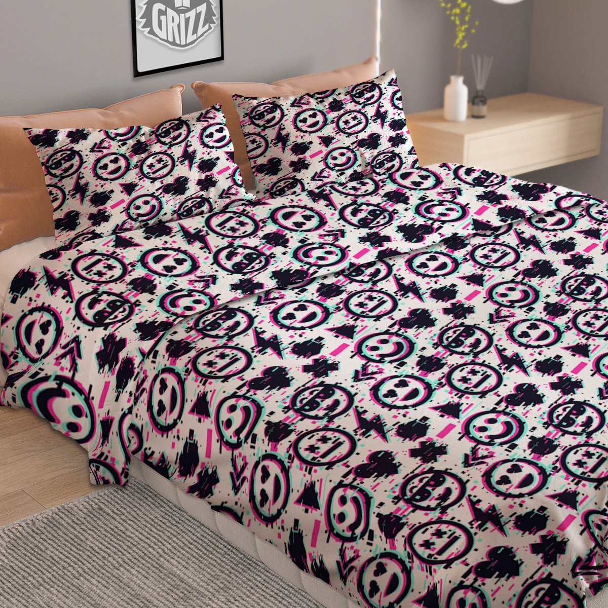 Emoji Glitch Neon Print Pattern Duvet Cover Bedding Set