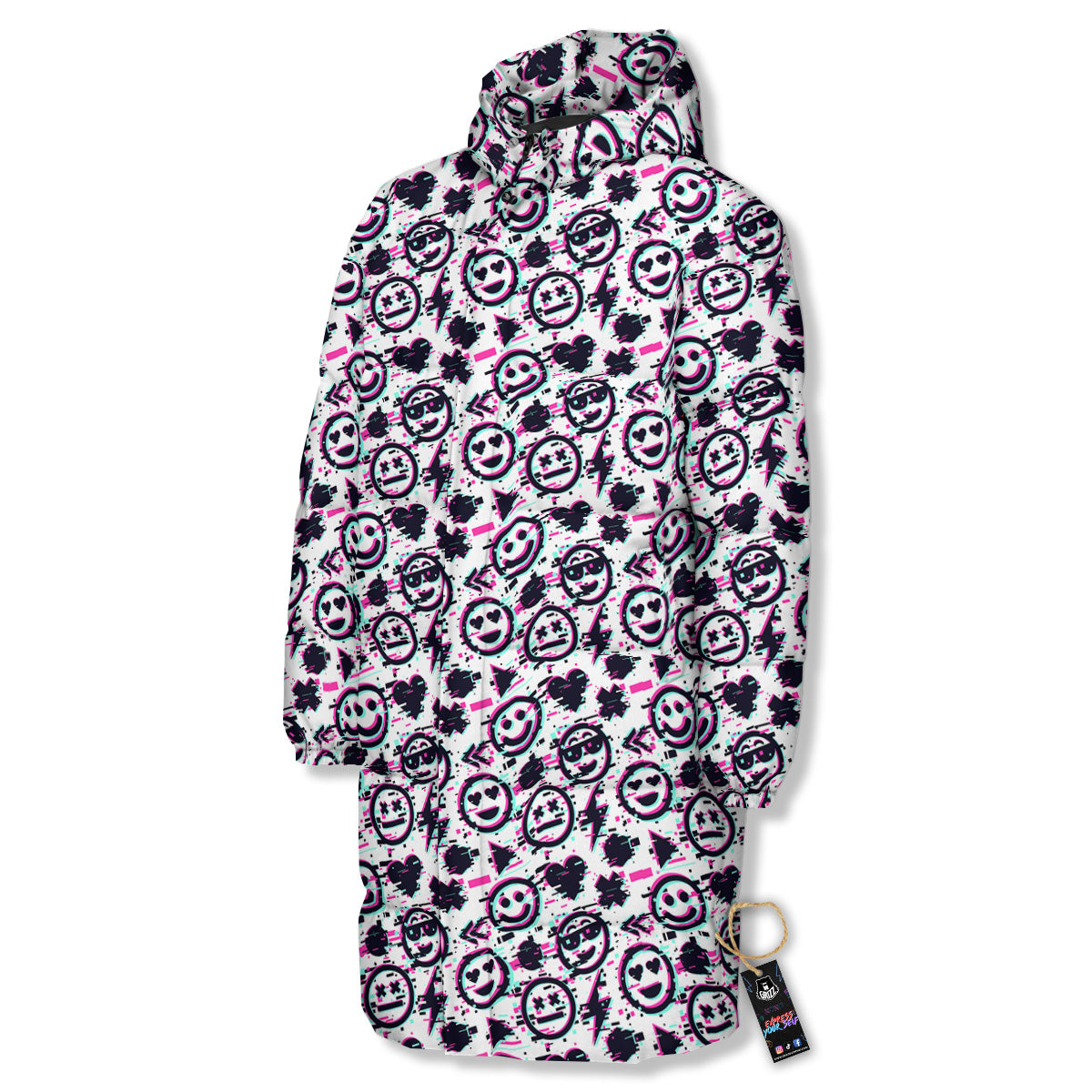Emoji Glitch Neon Print Pattern Long Down Jacket-grizzshop