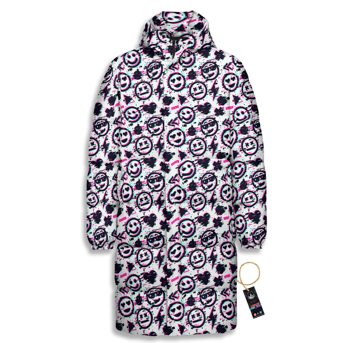 Emoji Glitch Neon Print Pattern Long Down Jacket-grizzshop