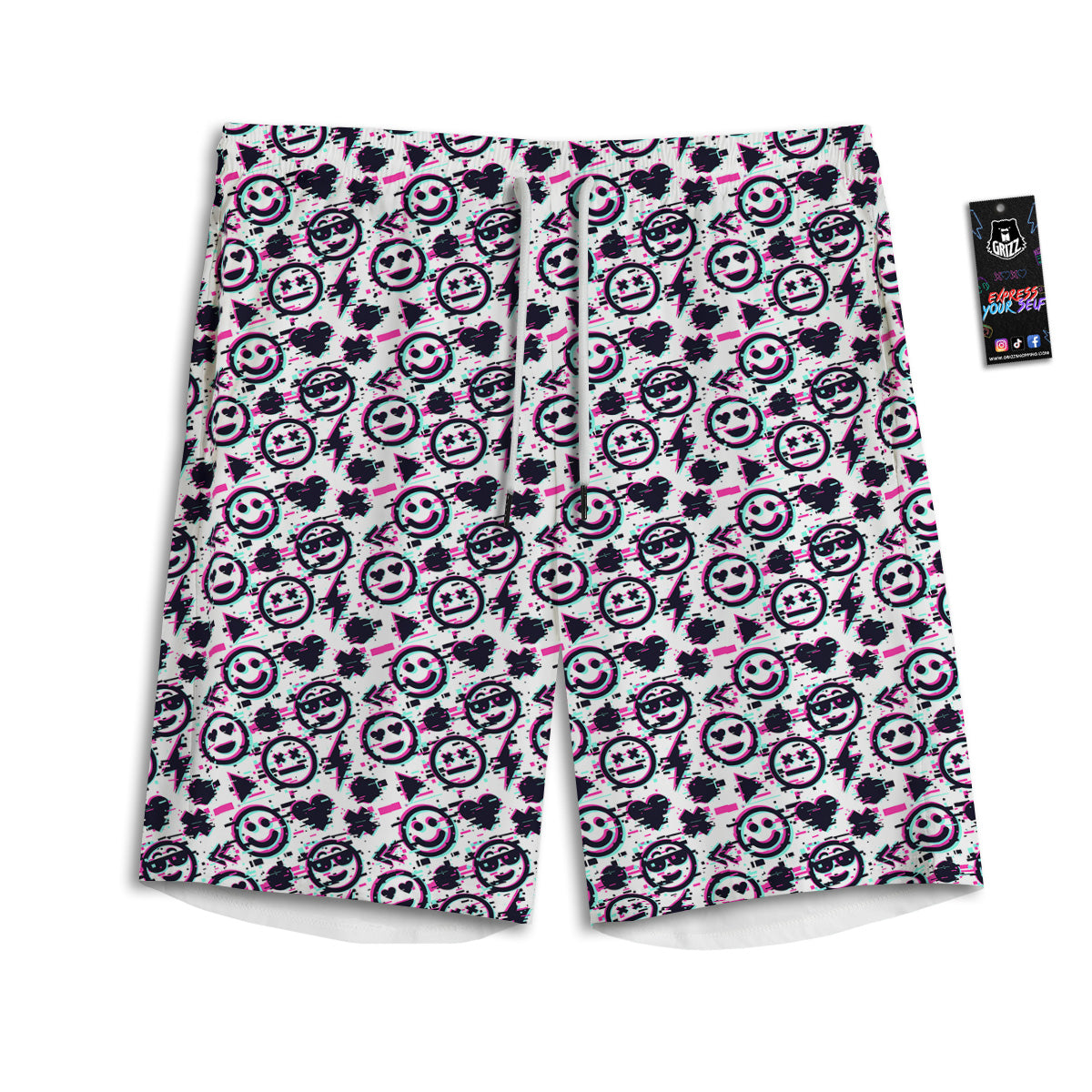 Emoji Glitch Neon Print Pattern Men's Athletic Shorts