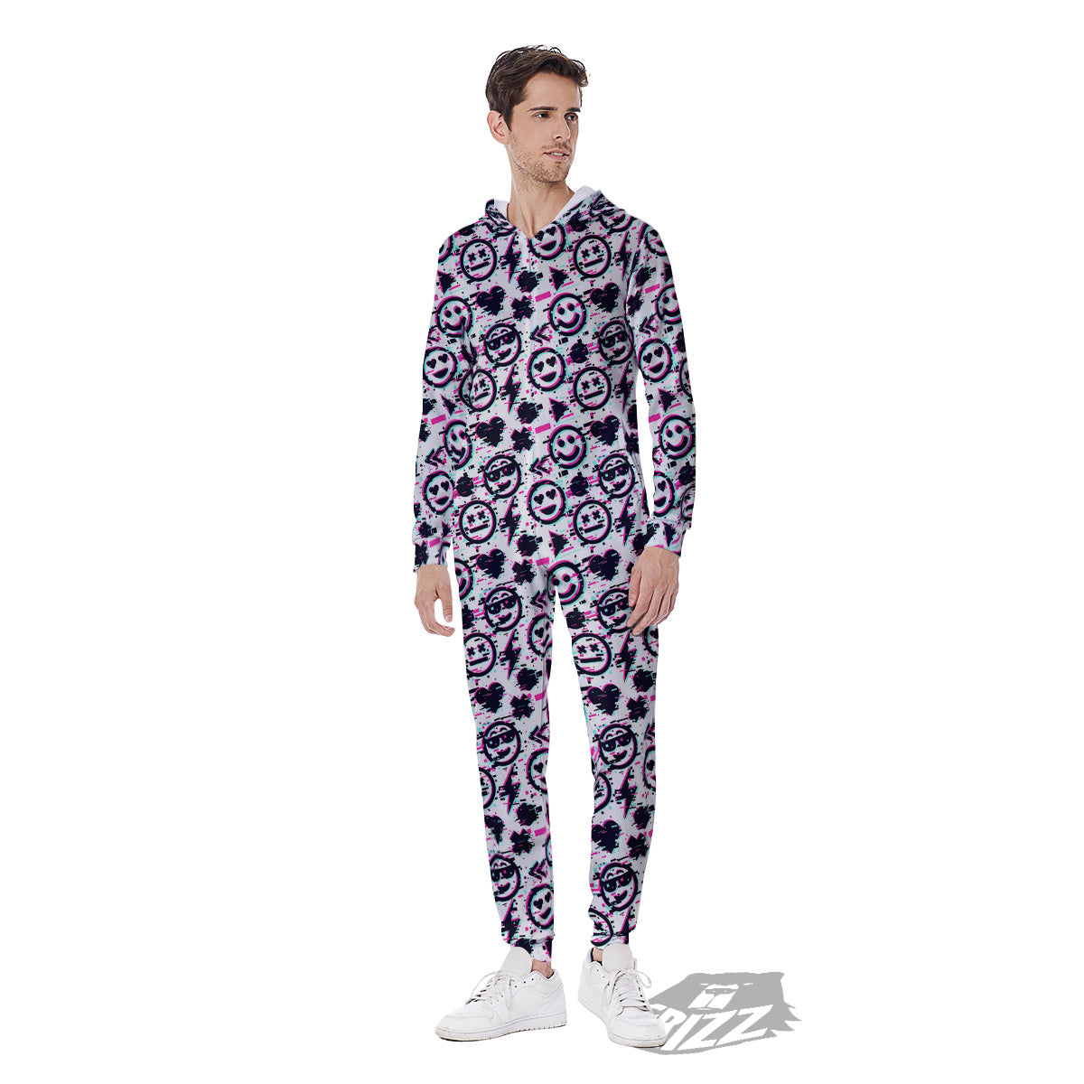Emoji Glitch Neon Print Pattern Men's Jumpsuit-grizzshop