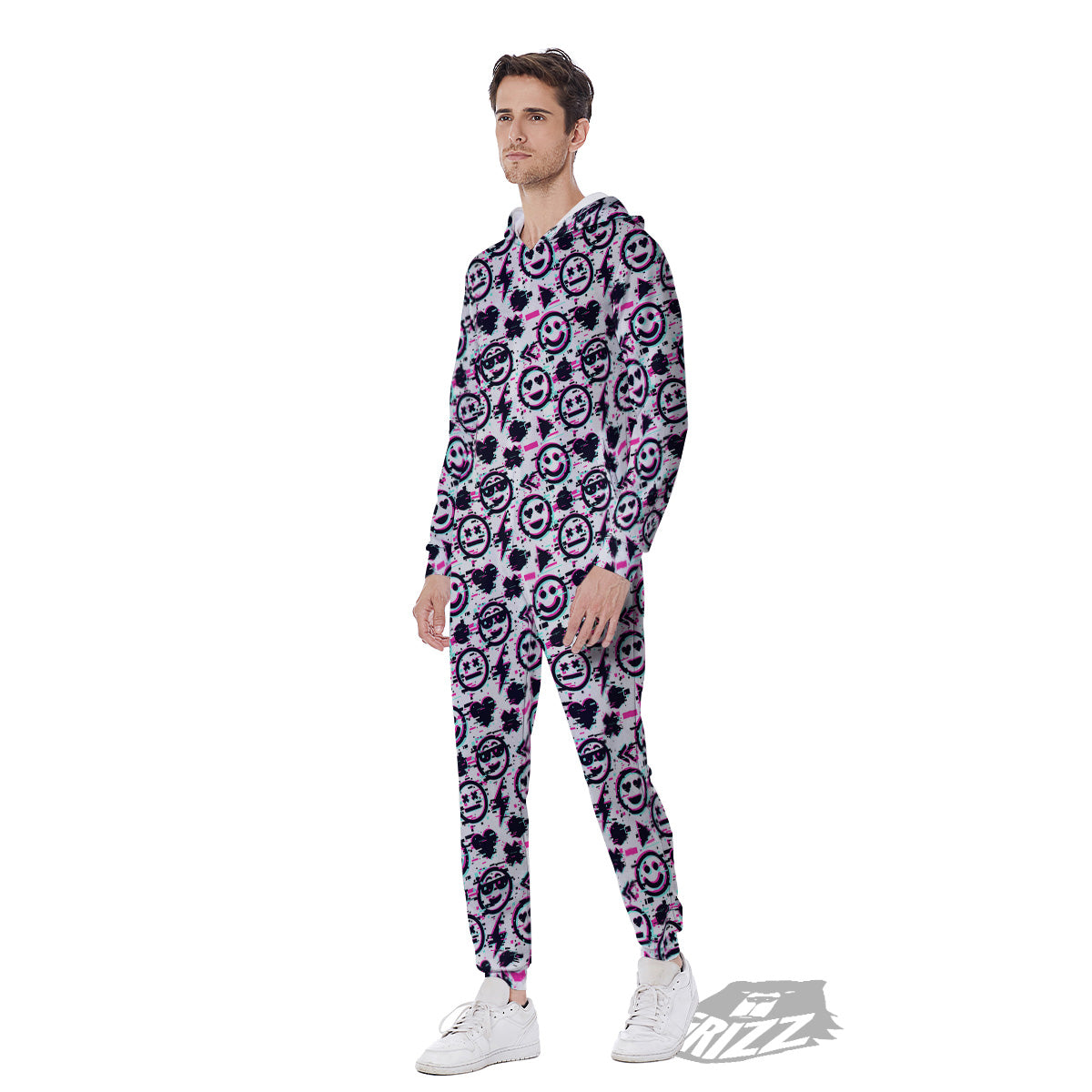 Emoji Glitch Neon Print Pattern Men's Jumpsuit-grizzshop
