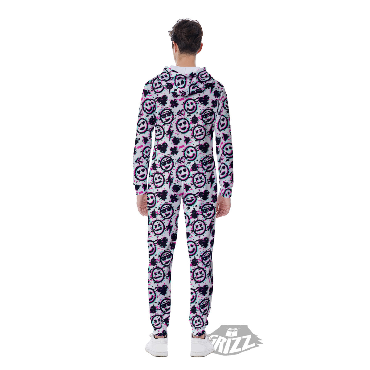 Emoji Glitch Neon Print Pattern Men's Jumpsuit-grizzshop
