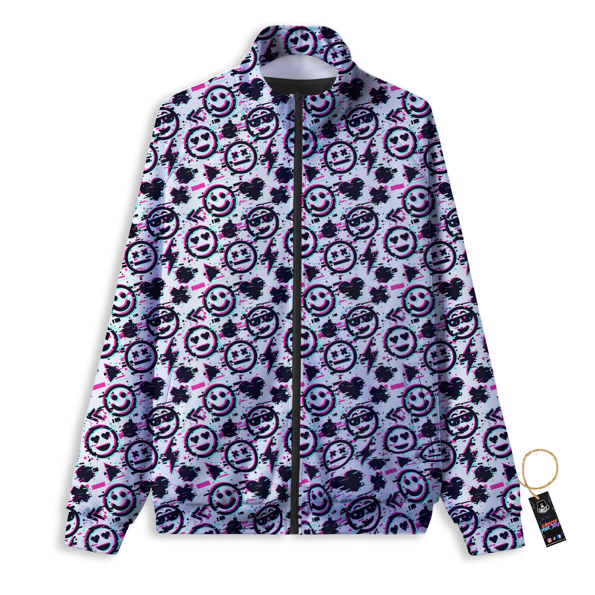 Emoji Glitch Neon Print Pattern Track Jacket-grizzshop