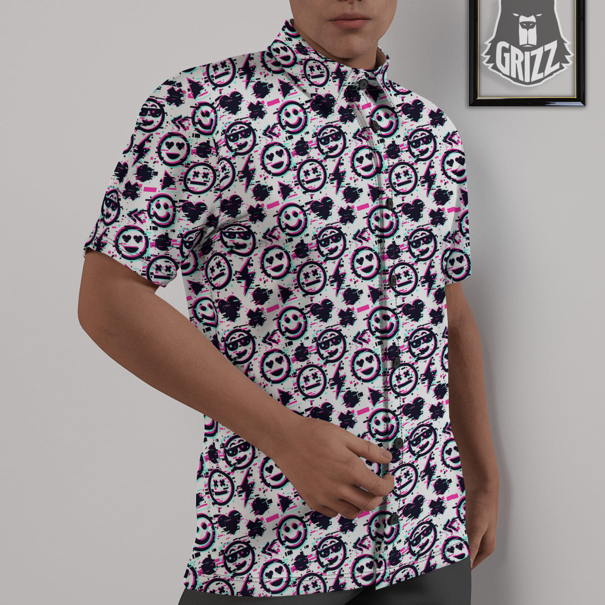 Emoji Glitch Neon Print Pattern Untucked Shirts-grizzshop