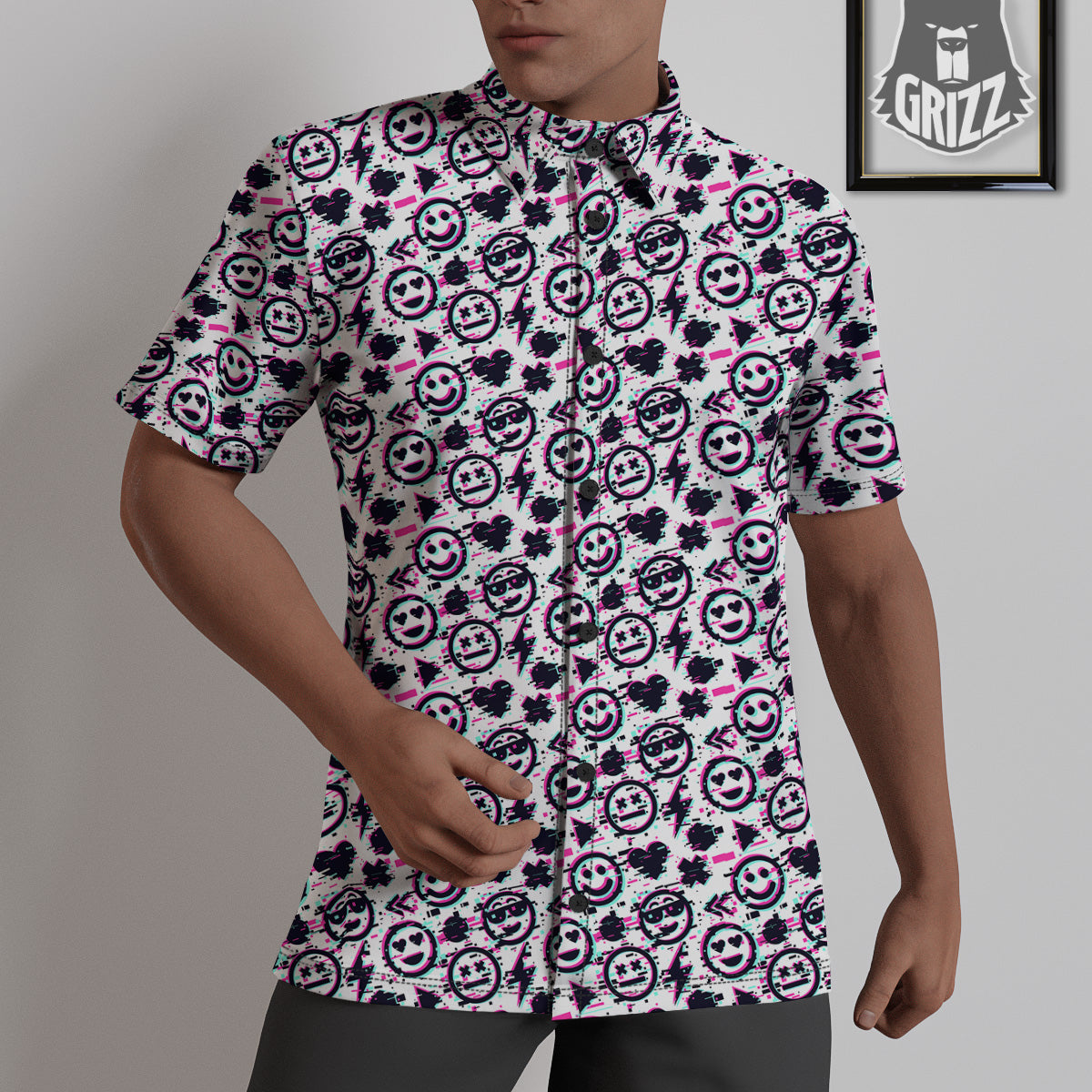 Emoji Glitch Neon Print Pattern Untucked Shirts-grizzshop