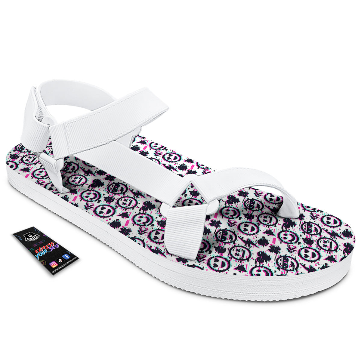 Emoji Glitch Neon Print Pattern White Open Toe Sandals-grizzshop
