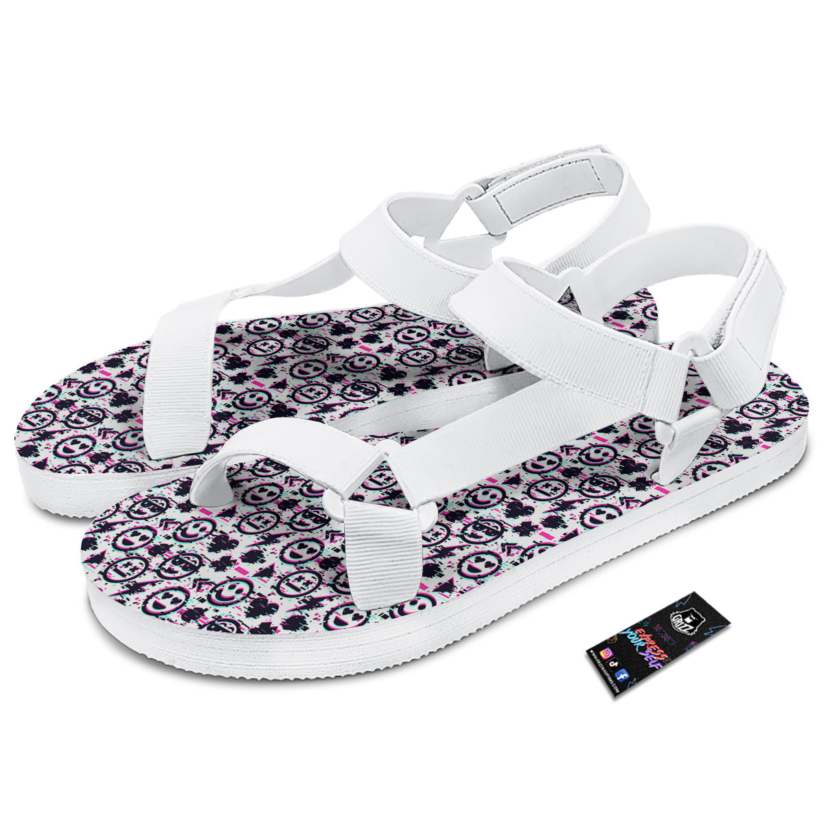Emoji Glitch Neon Print Pattern White Open Toe Sandals-grizzshop