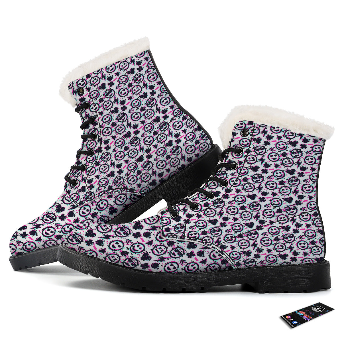 Emoji Glitch Neon Print Pattern Winter Boots-grizzshop