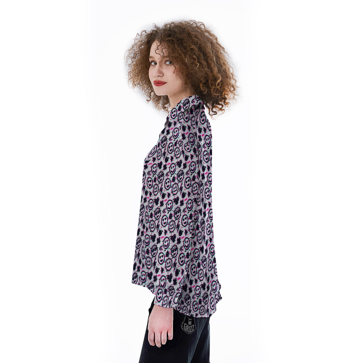 Emoji Glitch Neon Print Pattern Women's Long Sleeve Shirts-grizzshop
