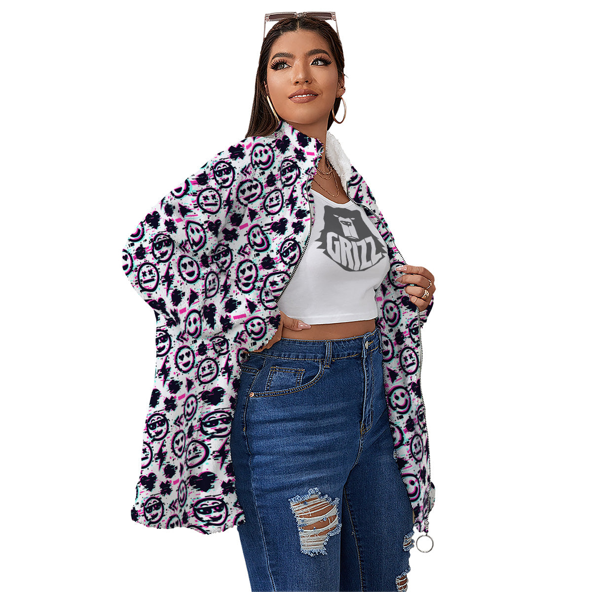 Emoji Glitch Neon Print Pattern Women's Sherpa Jacket-grizzshop