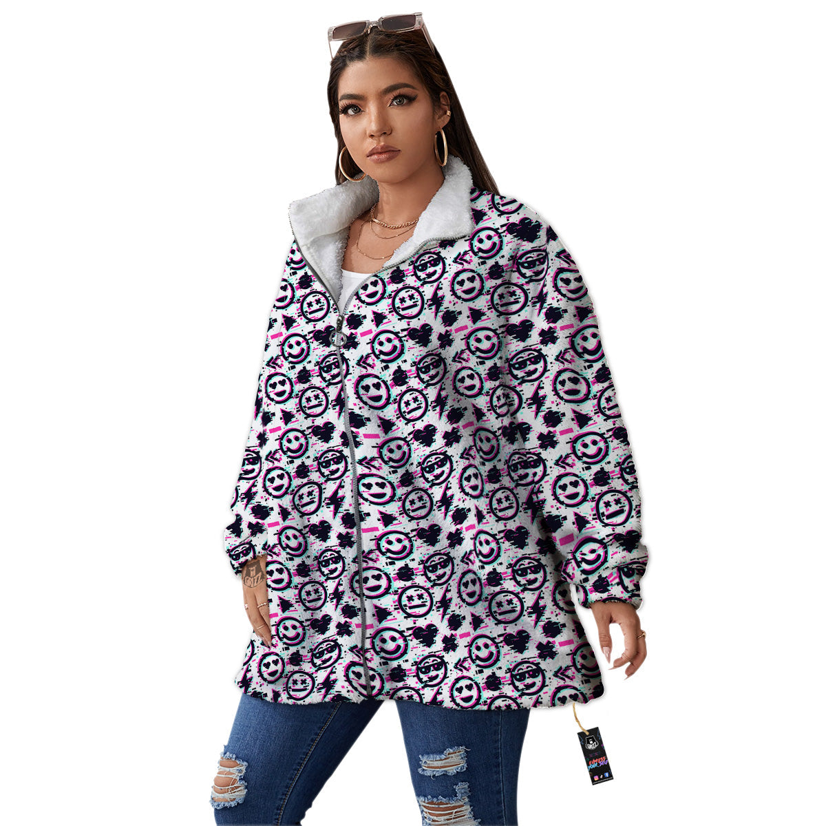 Emoji Glitch Neon Print Pattern Women's Sherpa Jacket-grizzshop