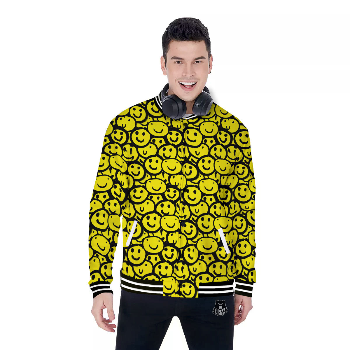 Emoji Graffiti Happy Print Pattern Baseball Jacket-grizzshop