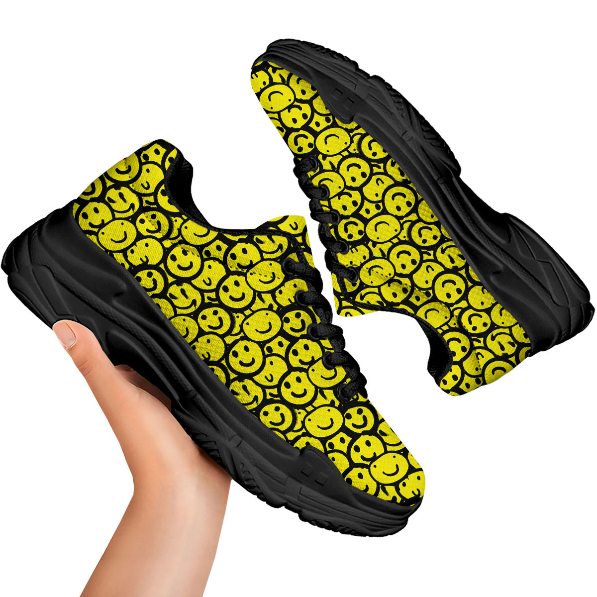 Emoji Graffiti Happy Print Pattern Black Chunky Shoes-grizzshop