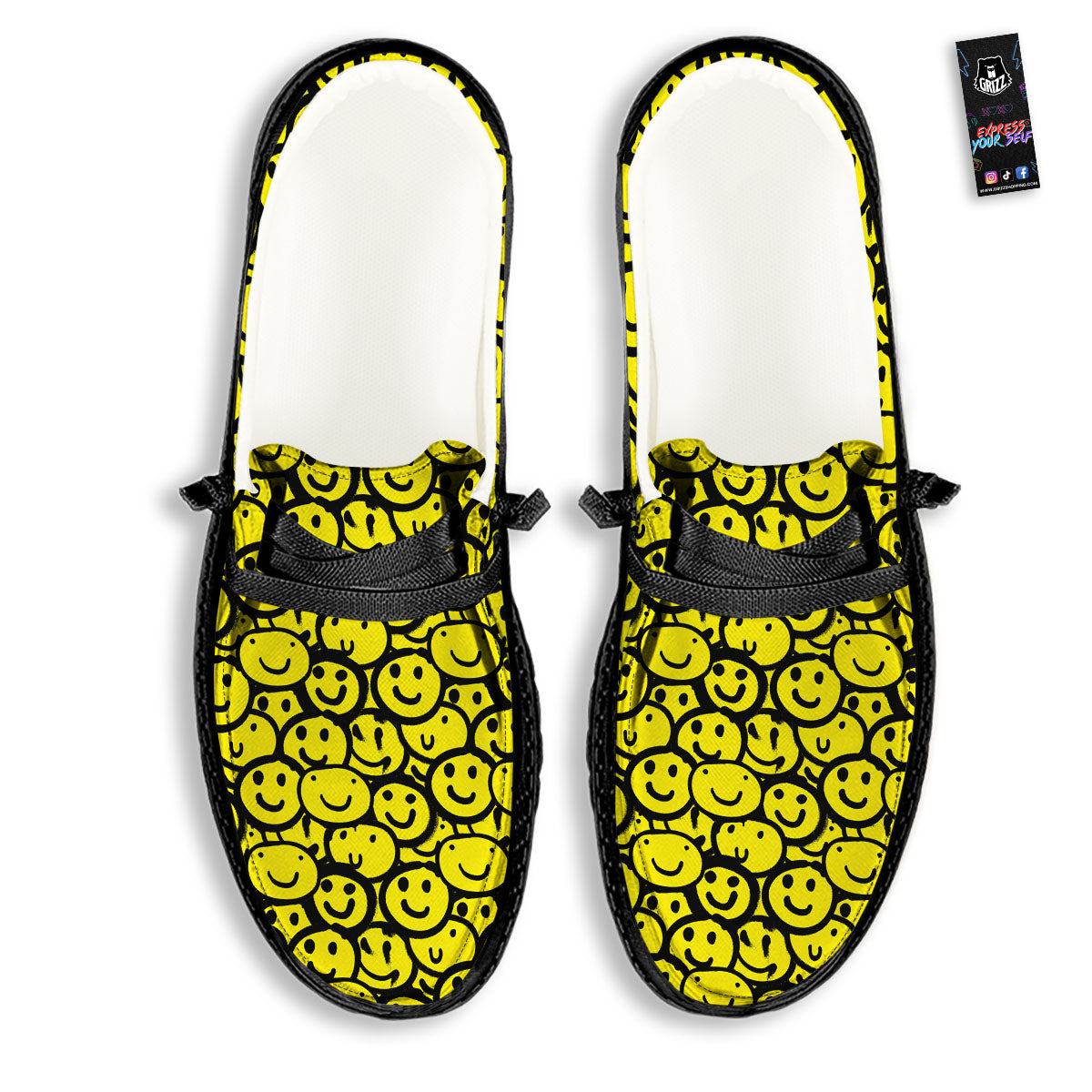 Emoji Graffiti Happy Print Pattern Black Loafers-grizzshop