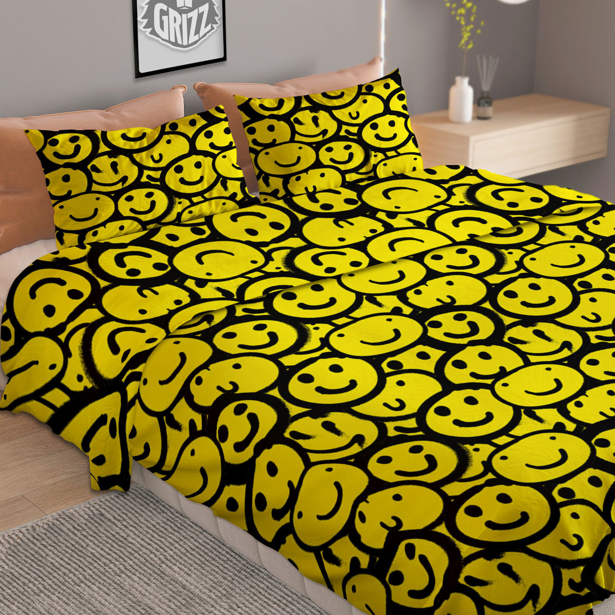 Emoji Graffiti Happy Print Pattern Duvet Cover Bedding Set