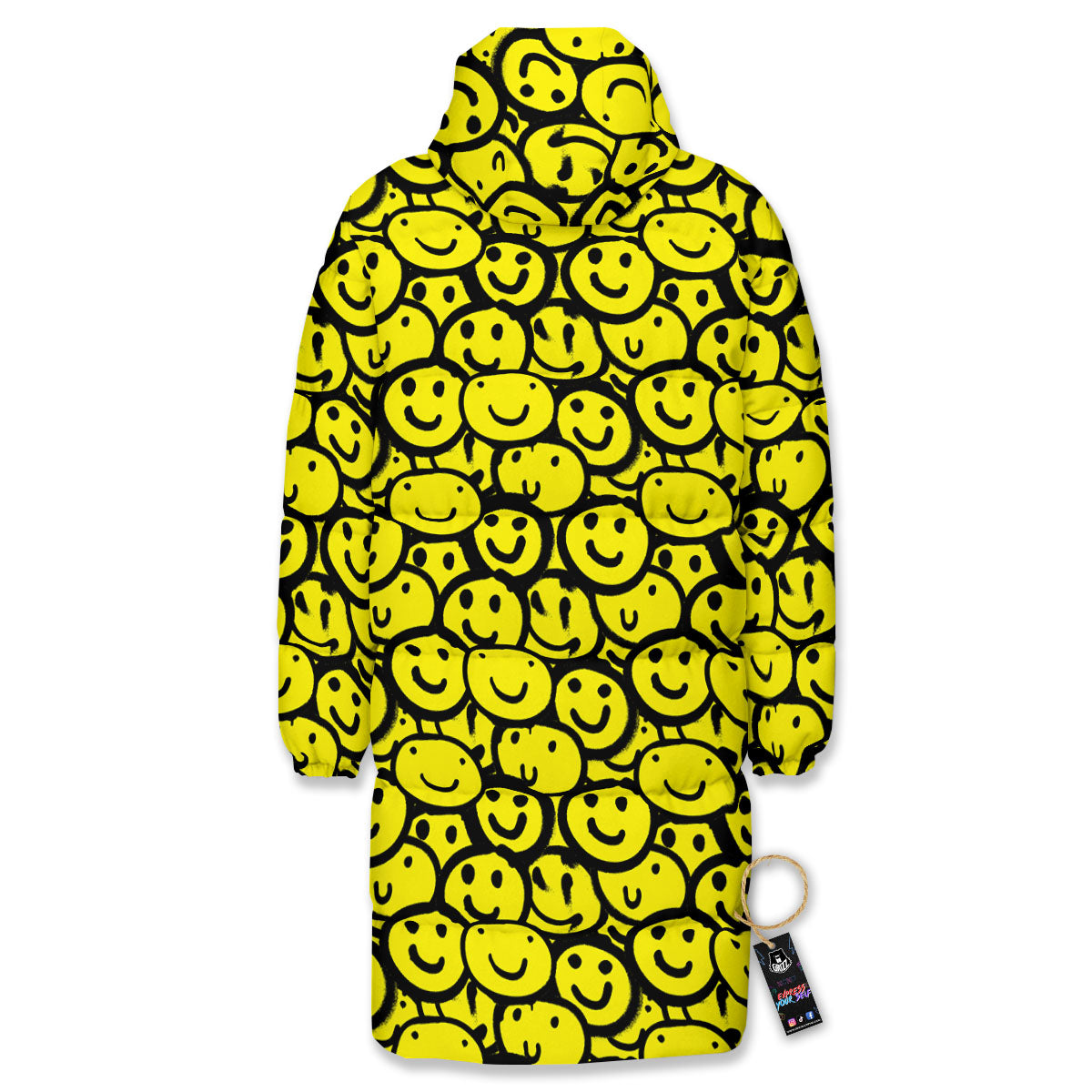 Emoji Graffiti Happy Print Pattern Long Down Jacket-grizzshop