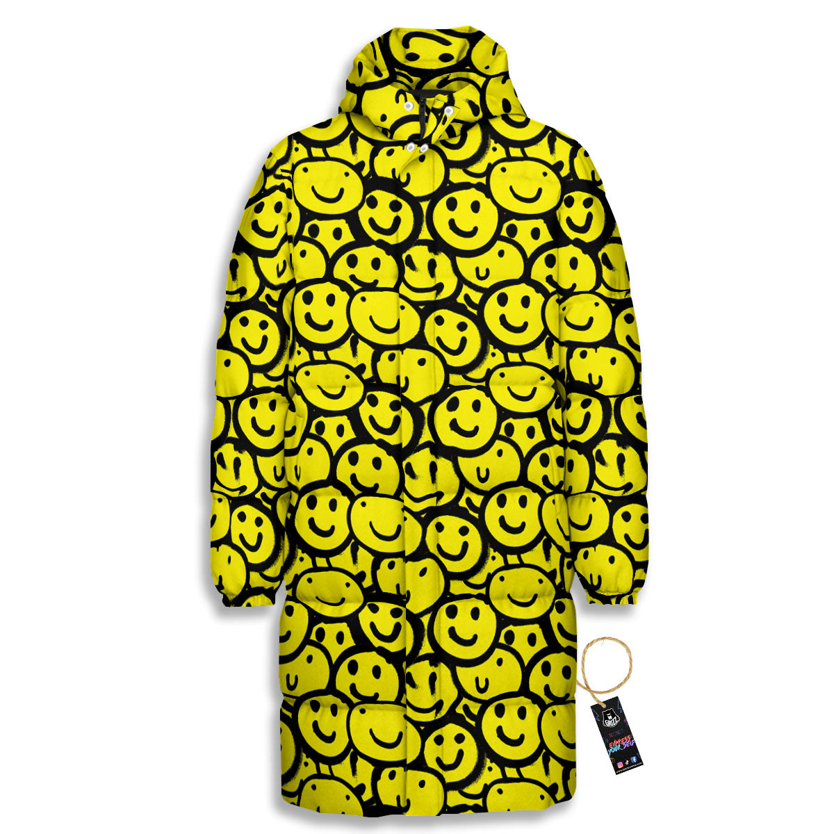 Emoji Graffiti Happy Print Pattern Long Down Jacket-grizzshop