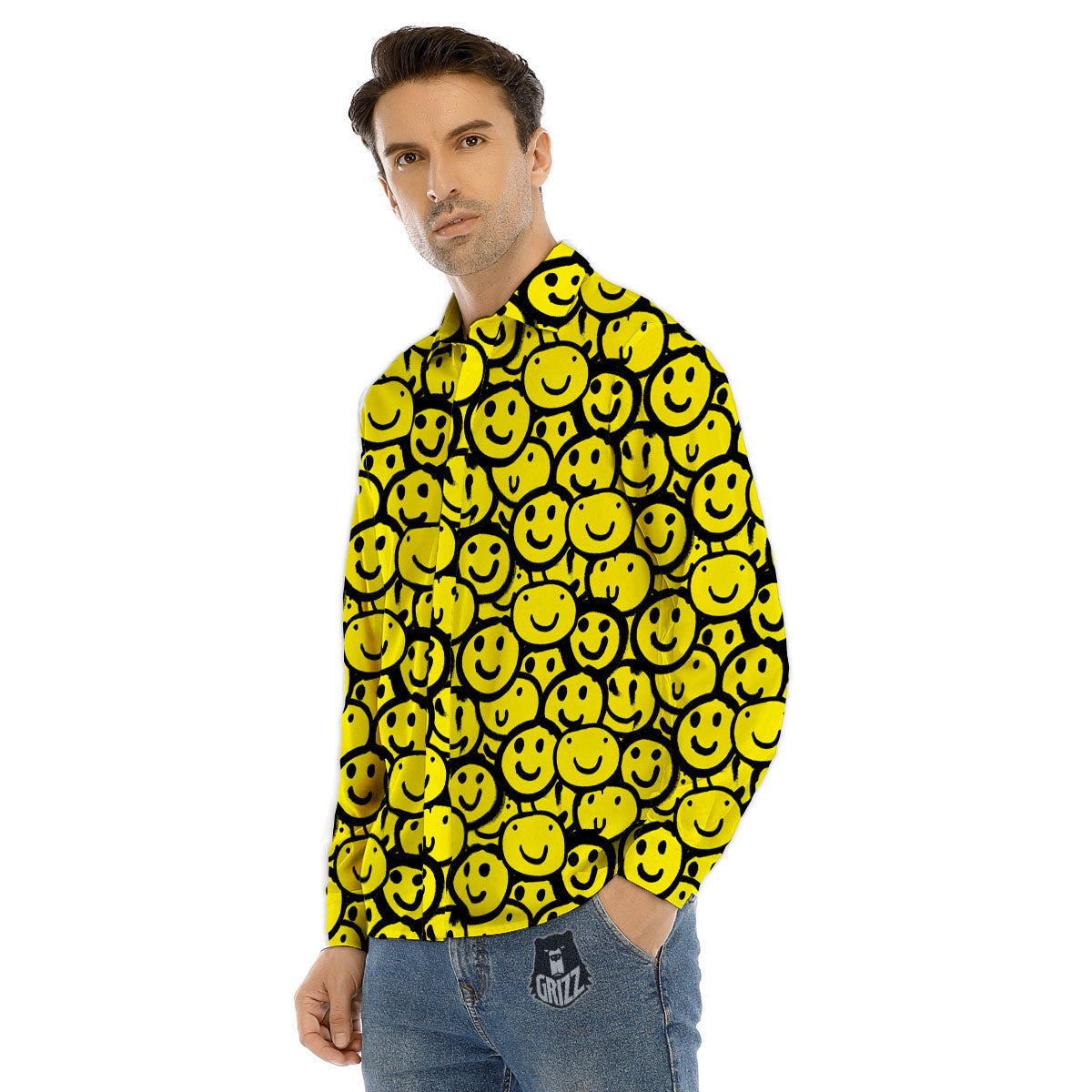 Emoji Graffiti Happy Print Pattern Men's Dress Shirts-grizzshop