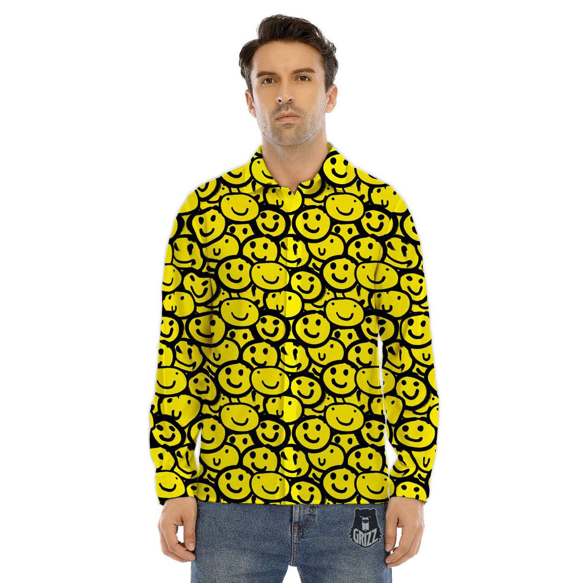 Emoji Graffiti Happy Print Pattern Men's Dress Shirts-grizzshop