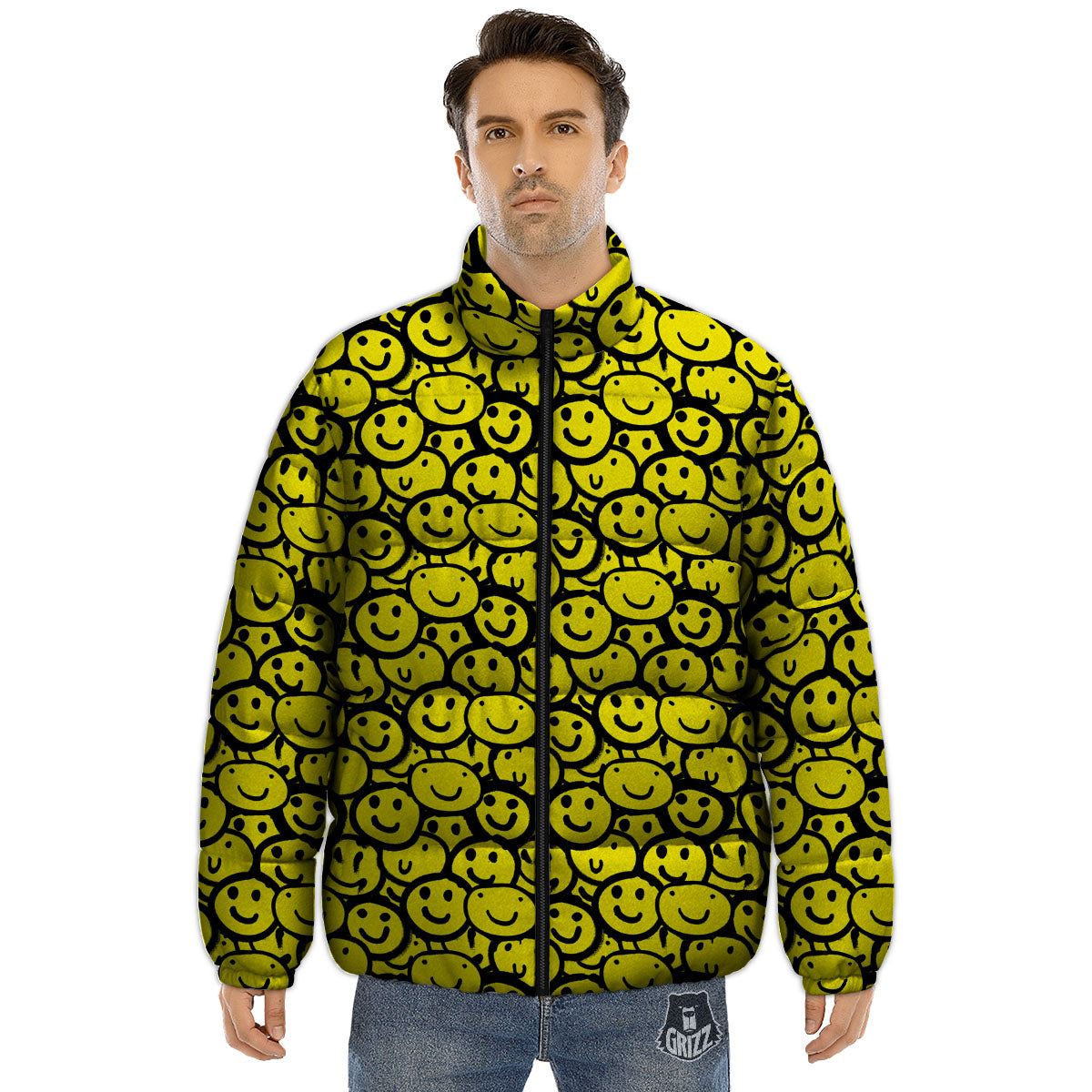 Emoji Graffiti Happy Print Pattern Puffer Jacket-grizzshop