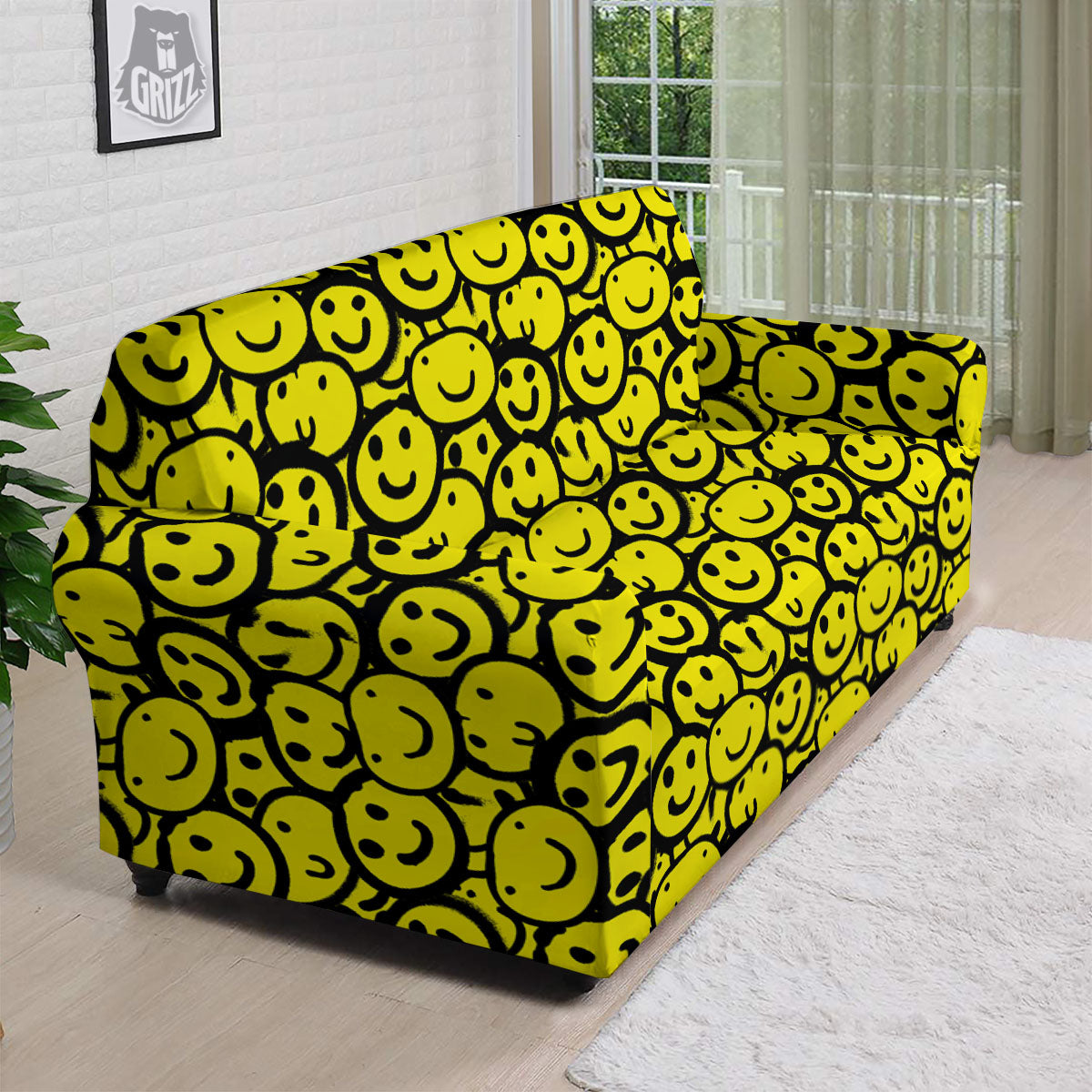 Emoji Graffiti Happy Print Pattern Sofa Cover-grizzshop