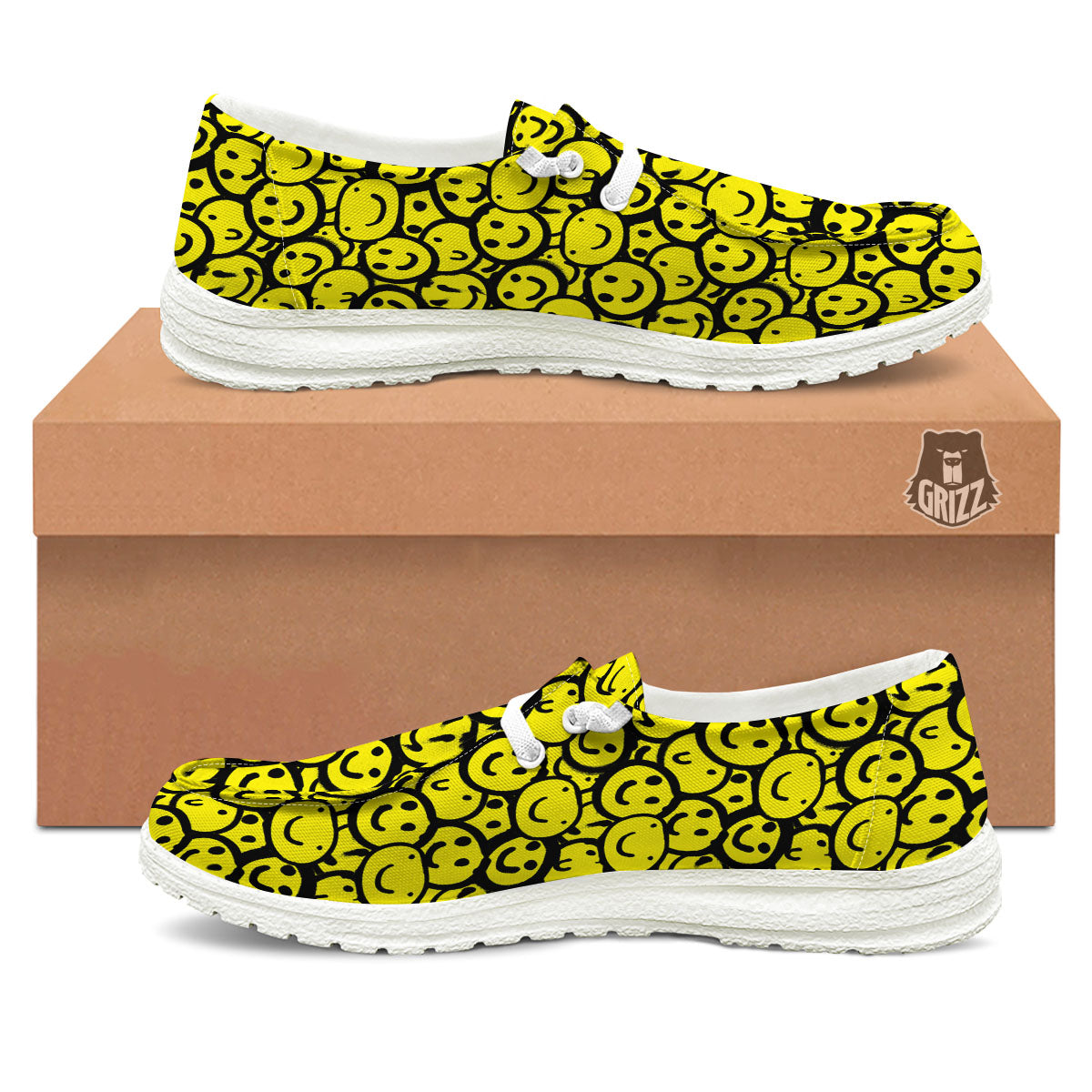 Emoji Graffiti Happy Print Pattern White Loafers-grizzshop