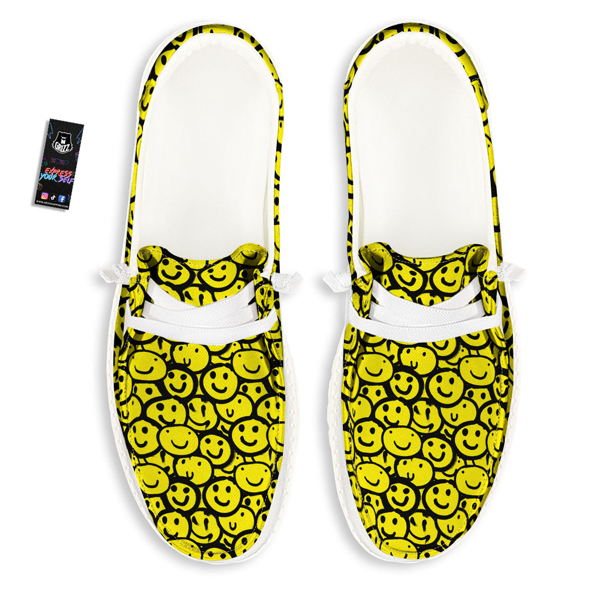 Emoji Graffiti Happy Print Pattern White Loafers-grizzshop