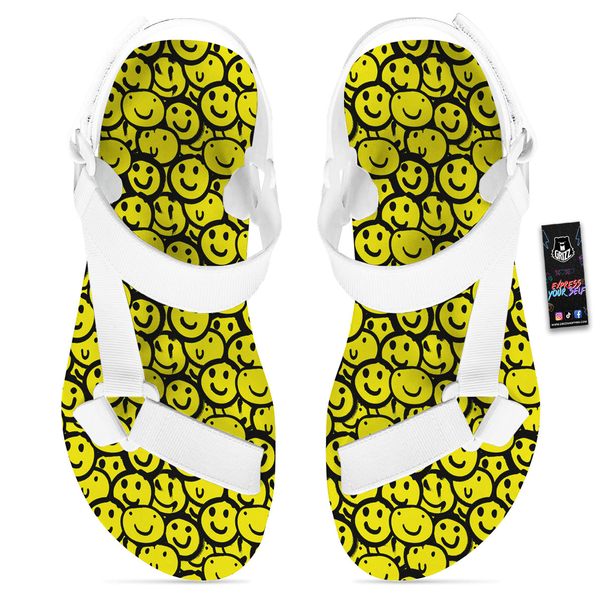 Emoji Graffiti Happy Print Pattern White Open Toe Sandals-grizzshop