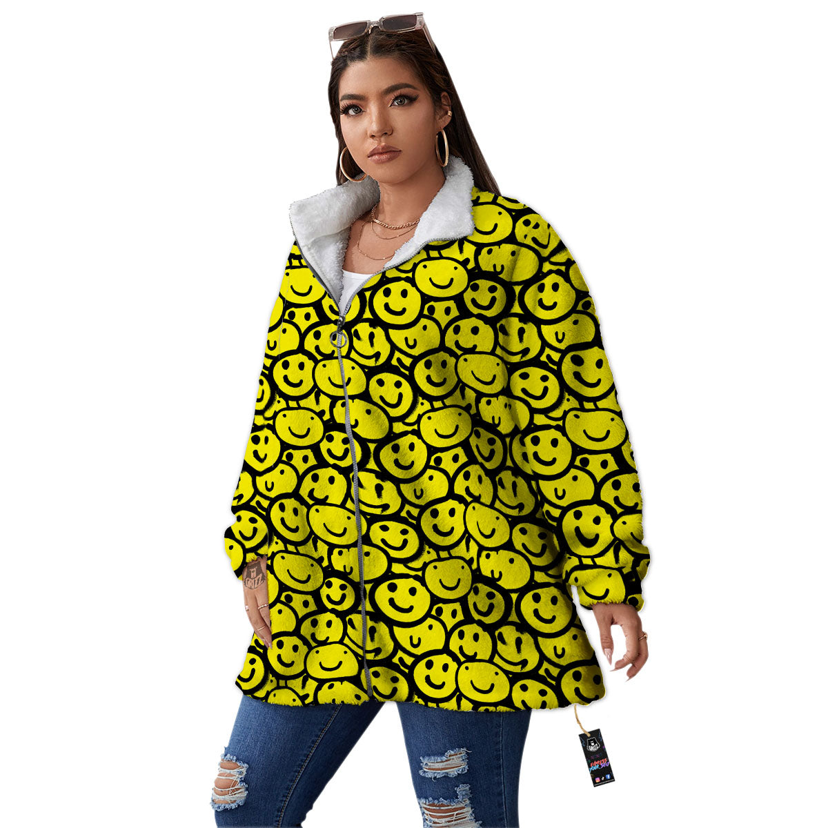 Emoji Graffiti Happy Print Pattern Women's Sherpa Jacket-grizzshop