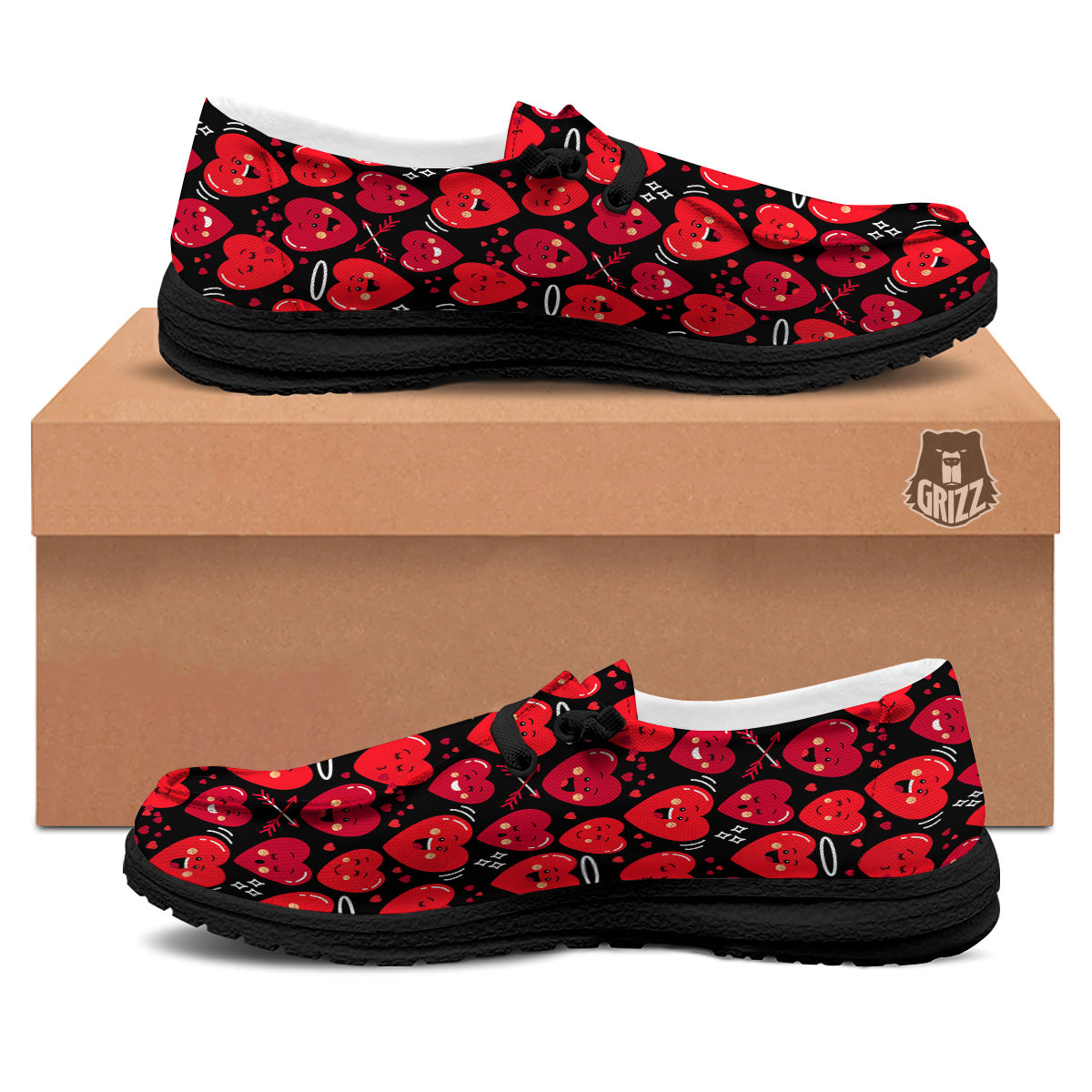 Emoji Hearts Print Pattern Black Loafers-grizzshop