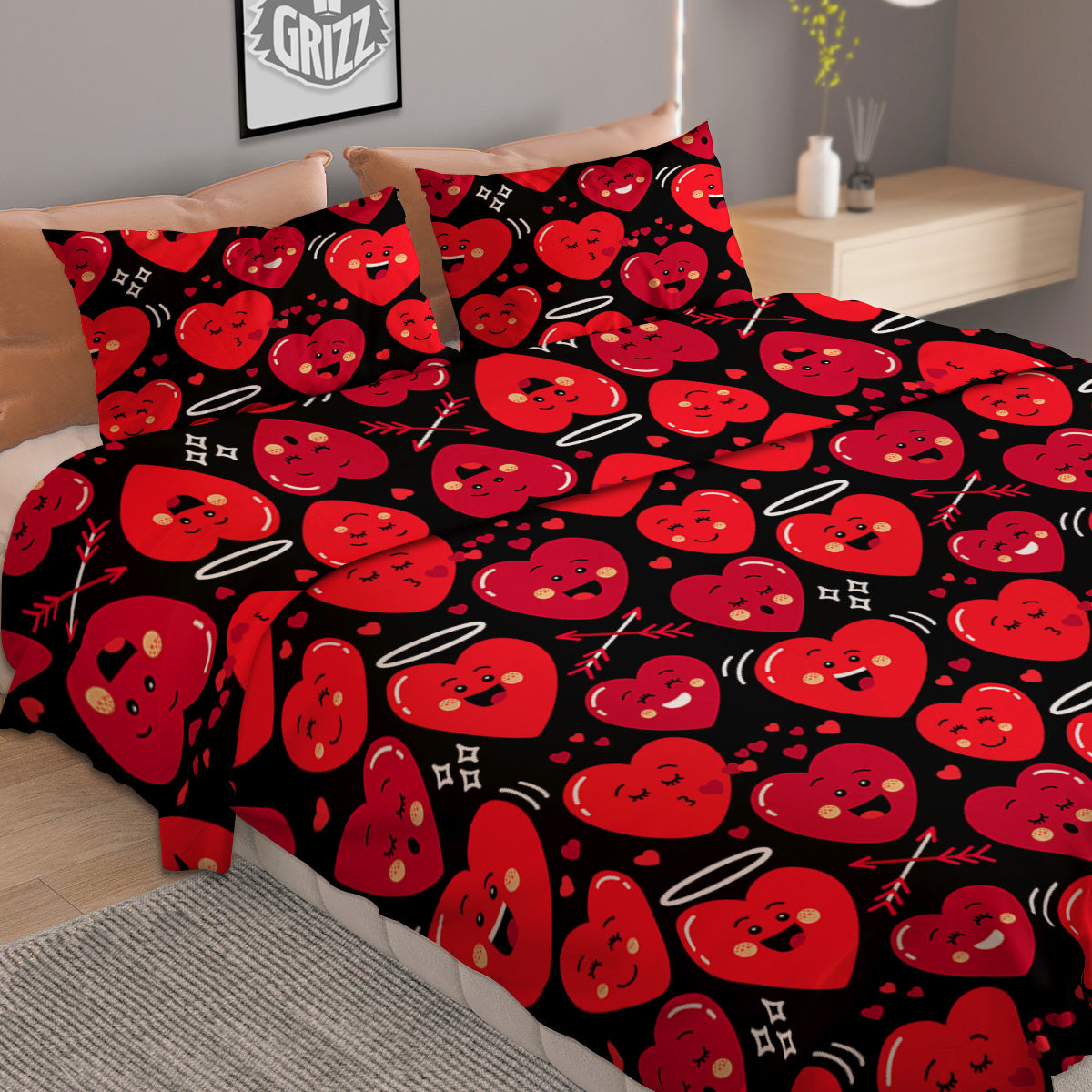 Emoji Hearts Print Pattern Duvet Cover Bedding Set