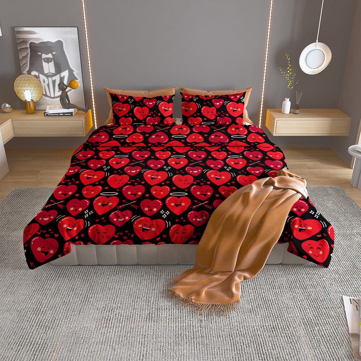 Emoji Hearts Print Pattern Duvet Cover Bedding Set