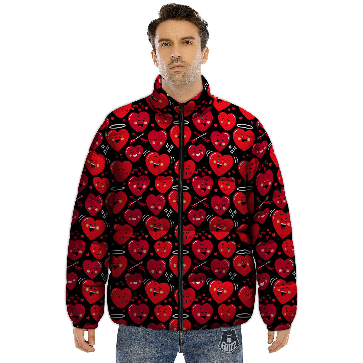 Emoji Hearts Print Pattern Puffer Jacket-grizzshop