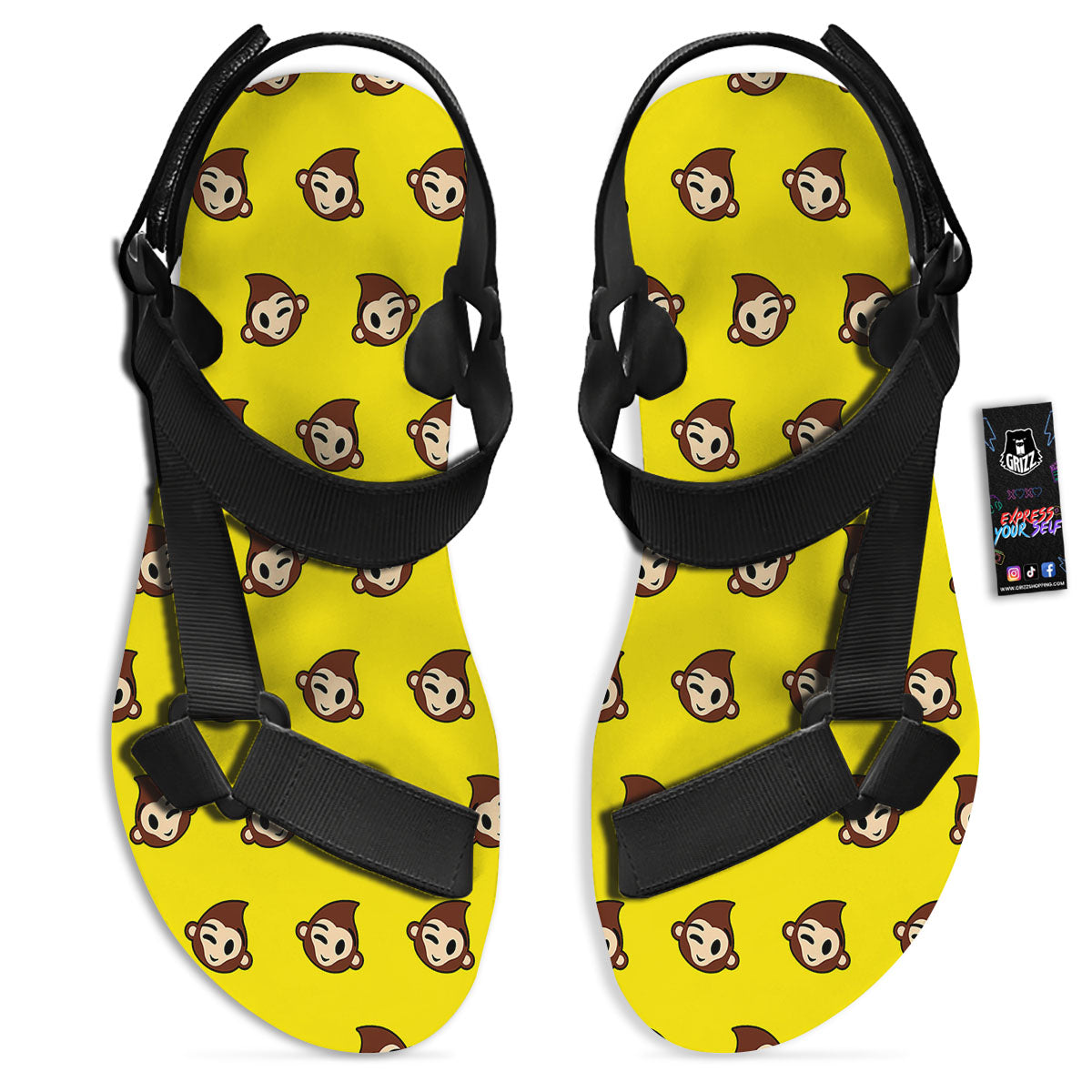 Emoji Monkey Print Pattern Black Open Toe Sandals-grizzshop