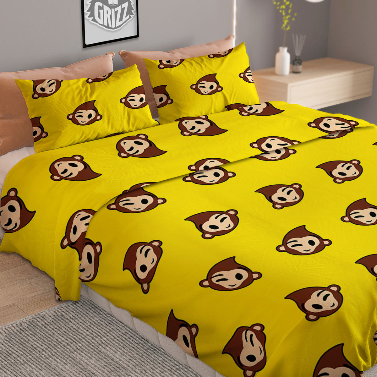 Emoji Monkey Print Pattern Duvet Cover Bedding Set