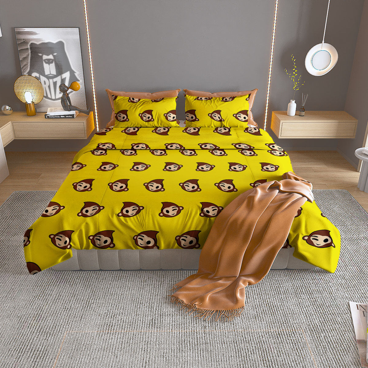 Emoji Monkey Print Pattern Duvet Cover Bedding Set