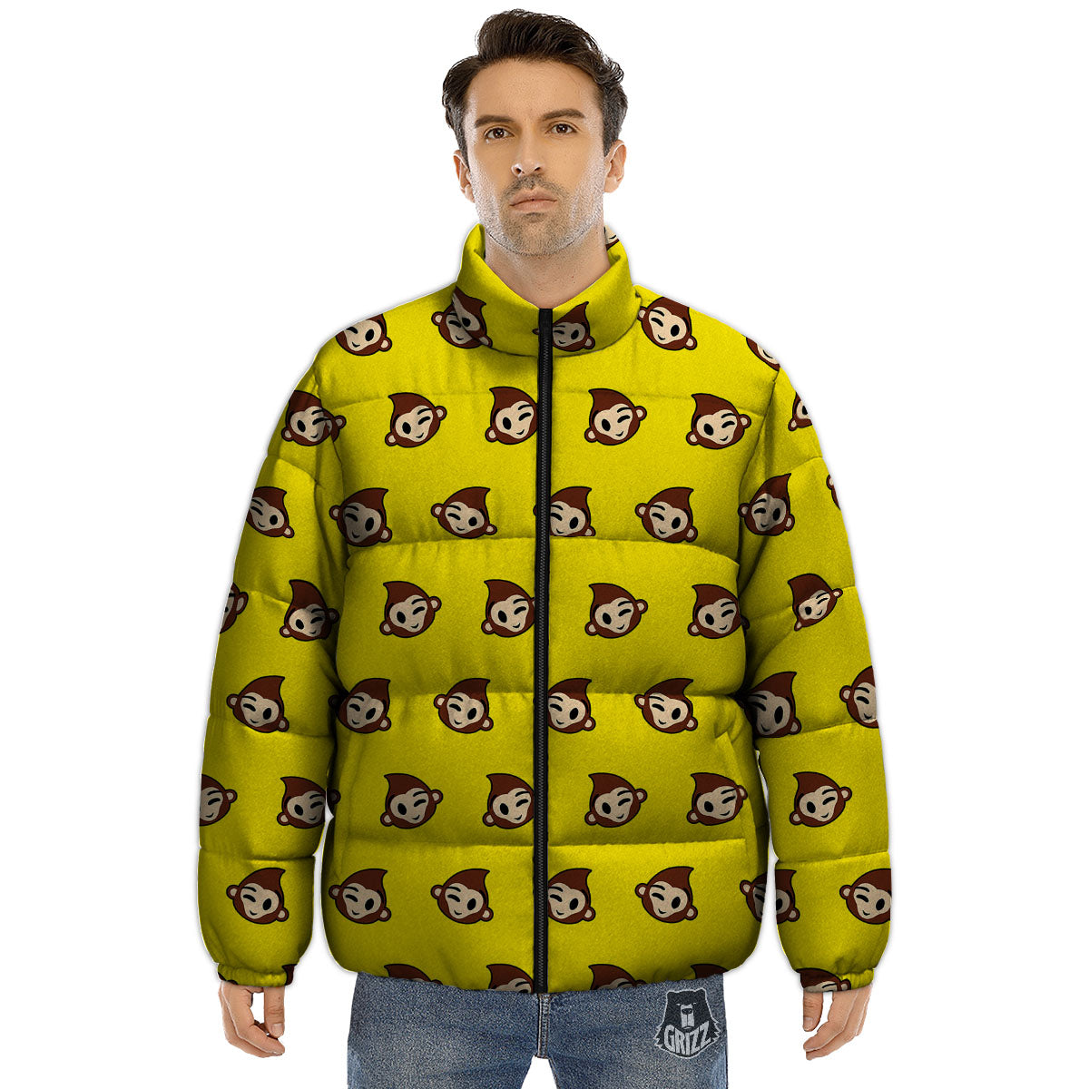 Emoji Monkey Print Pattern Puffer Jacket-grizzshop