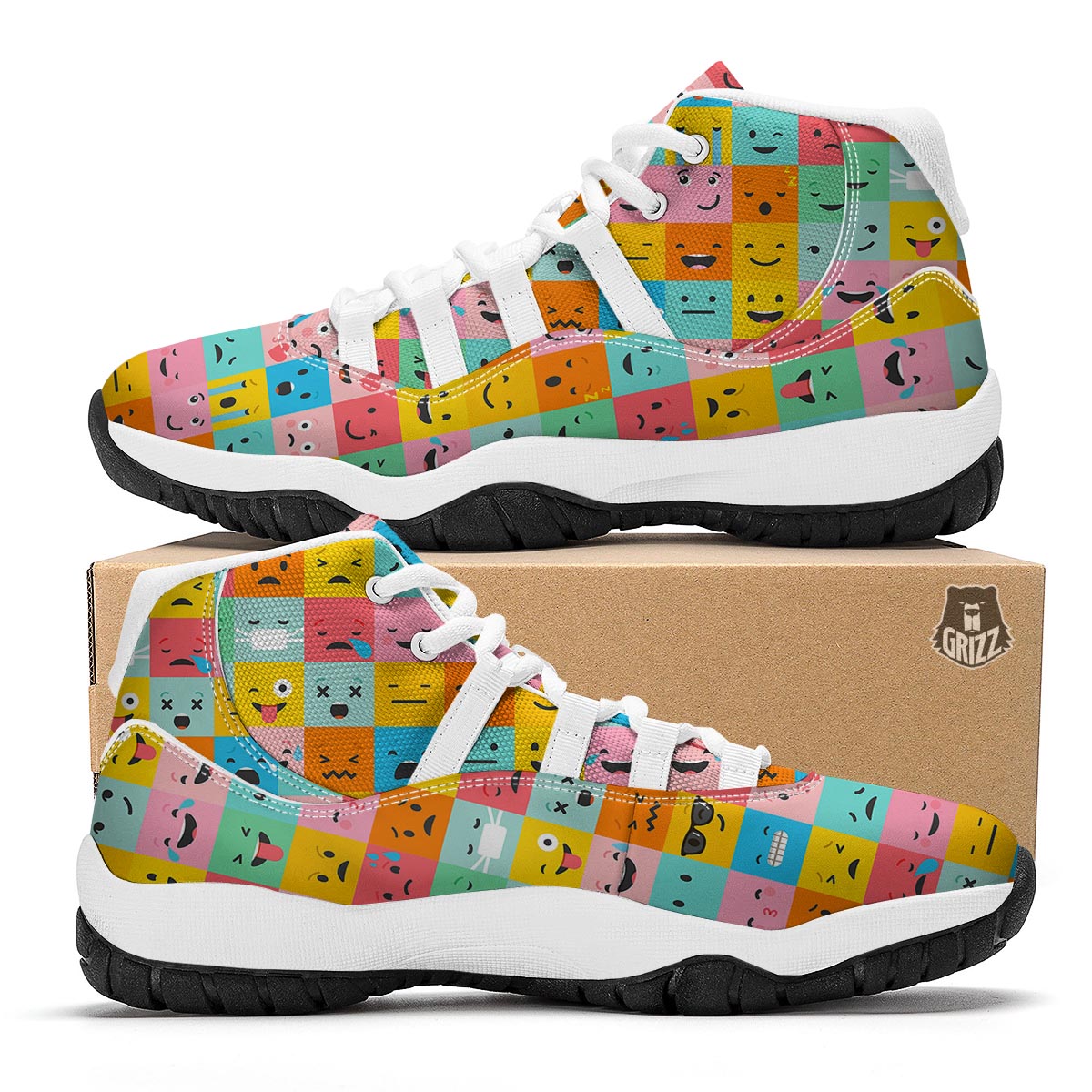 Emoji Pattern Print White Bball Shoes-grizzshop