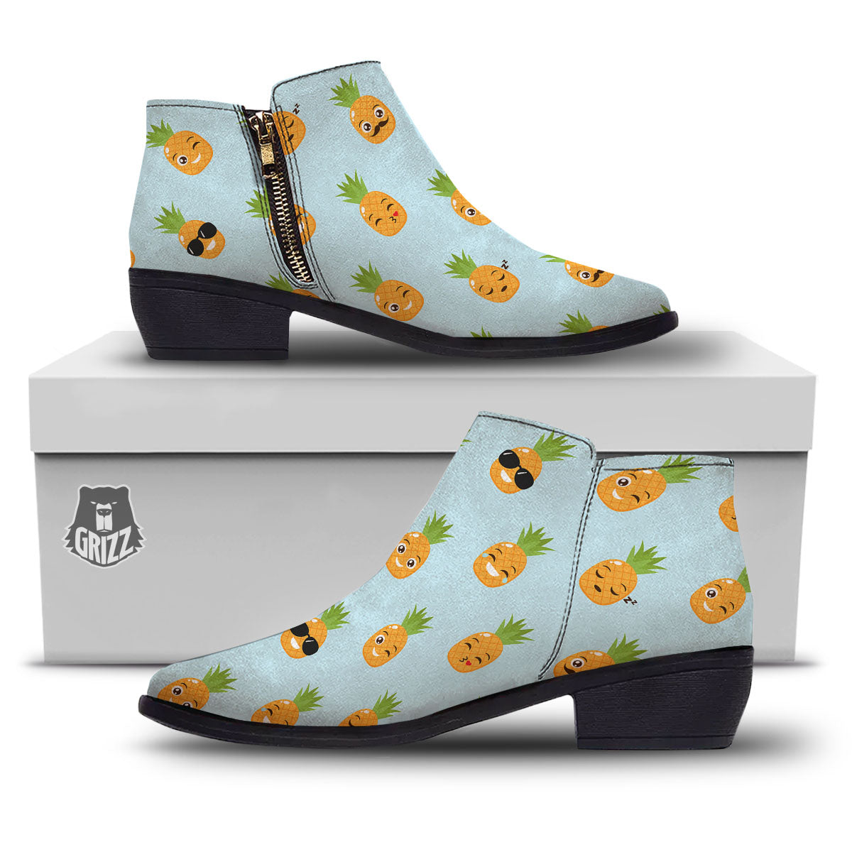 Emoji Pineapple Print Pattern Ankle Boots-grizzshop