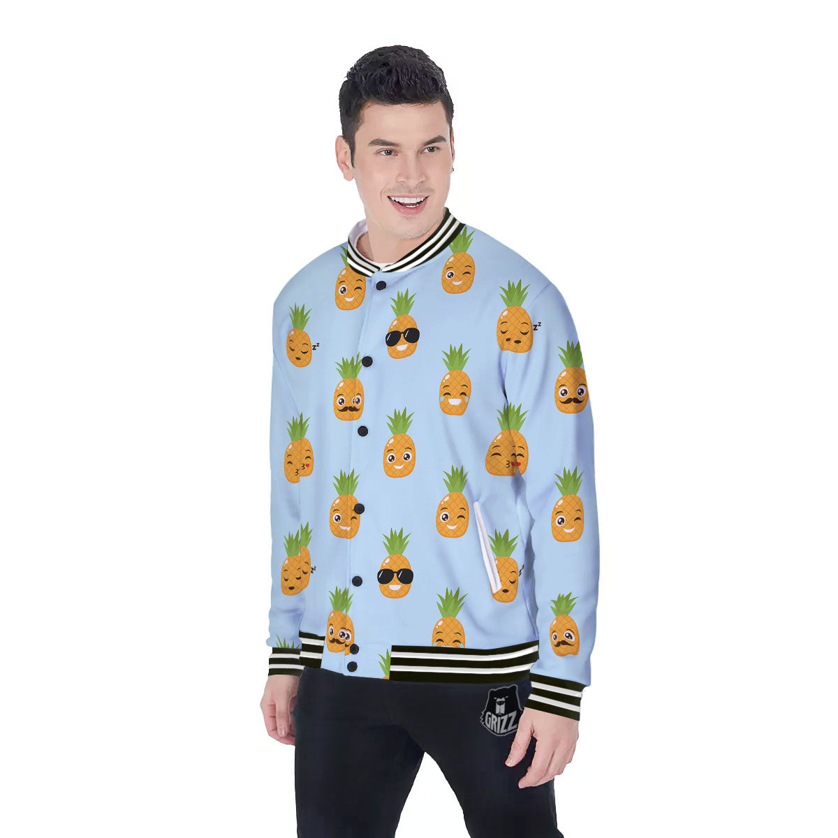 Emoji Pineapple Print Pattern Baseball Jacket-grizzshop