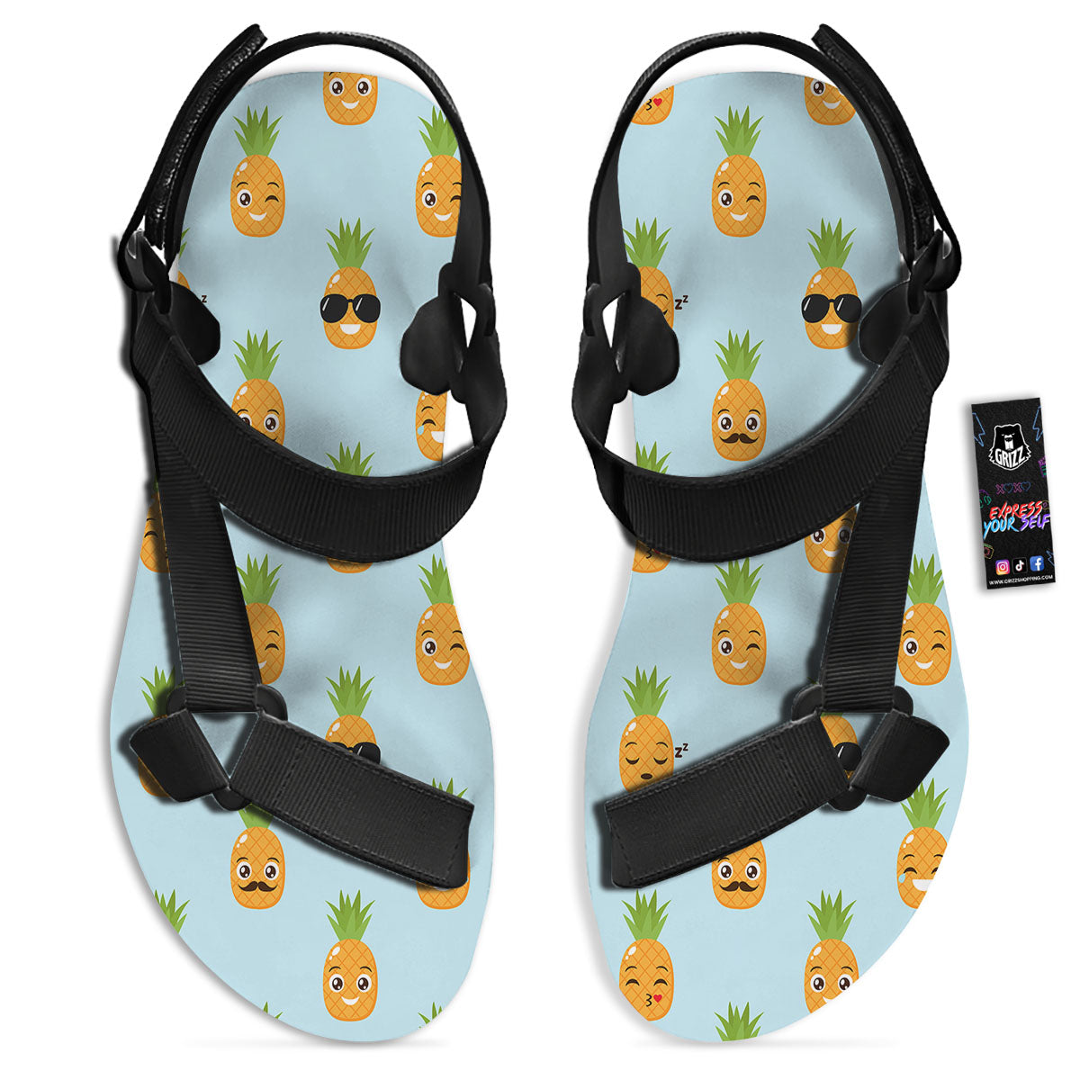 Emoji Pineapple Print Pattern Black Open Toe Sandals-grizzshop