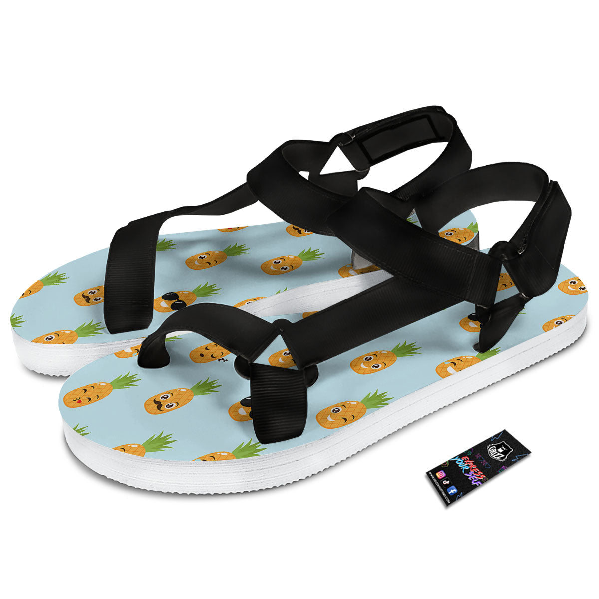 Emoji Pineapple Print Pattern Black Open Toe Sandals-grizzshop